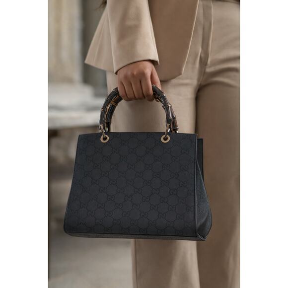 Gucci Handbags - Authentic Gucci GG Canvas Bamboo Handle Satchel Black Monogram Black Luxury